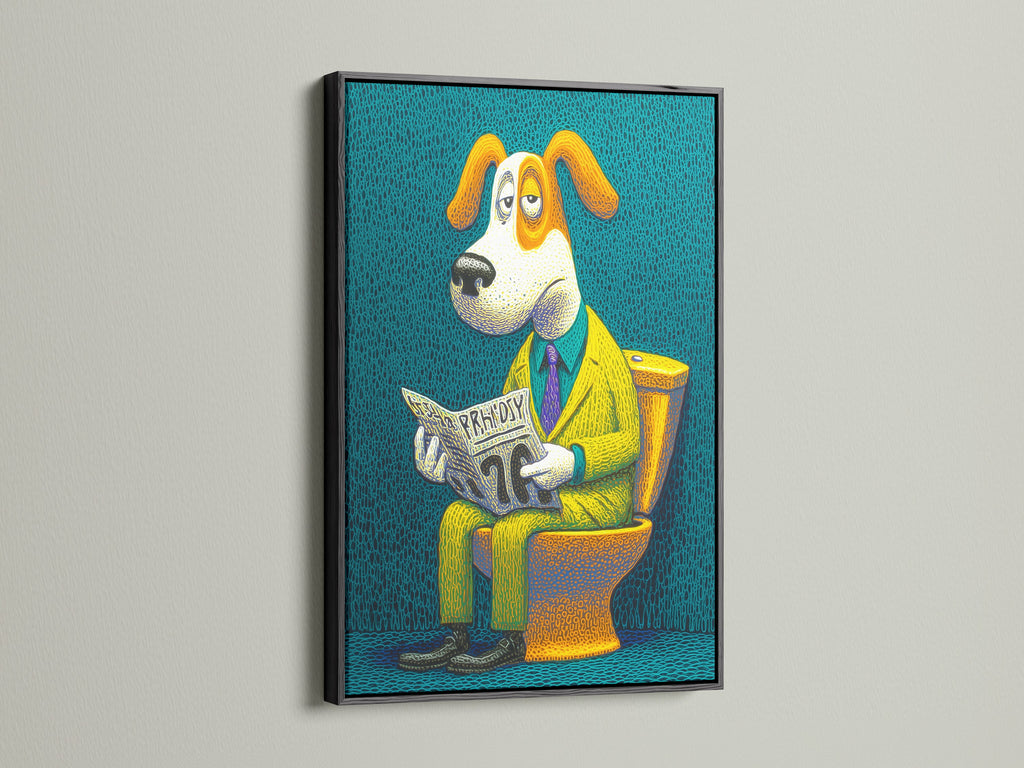 The 'Dog on Toilet' artwork is elegantly presented in a black frame. This piece offers a modern twist on restroom decor. The reading dog artwork creates a lighthearted atmosphere. It is a humorous art piece.