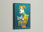 The 'Dog on Toilet' artwork is elegantly presented in a black frame. This piece offers a modern twist on restroom decor. The reading dog artwork creates a lighthearted atmosphere. It is a humorous art piece.