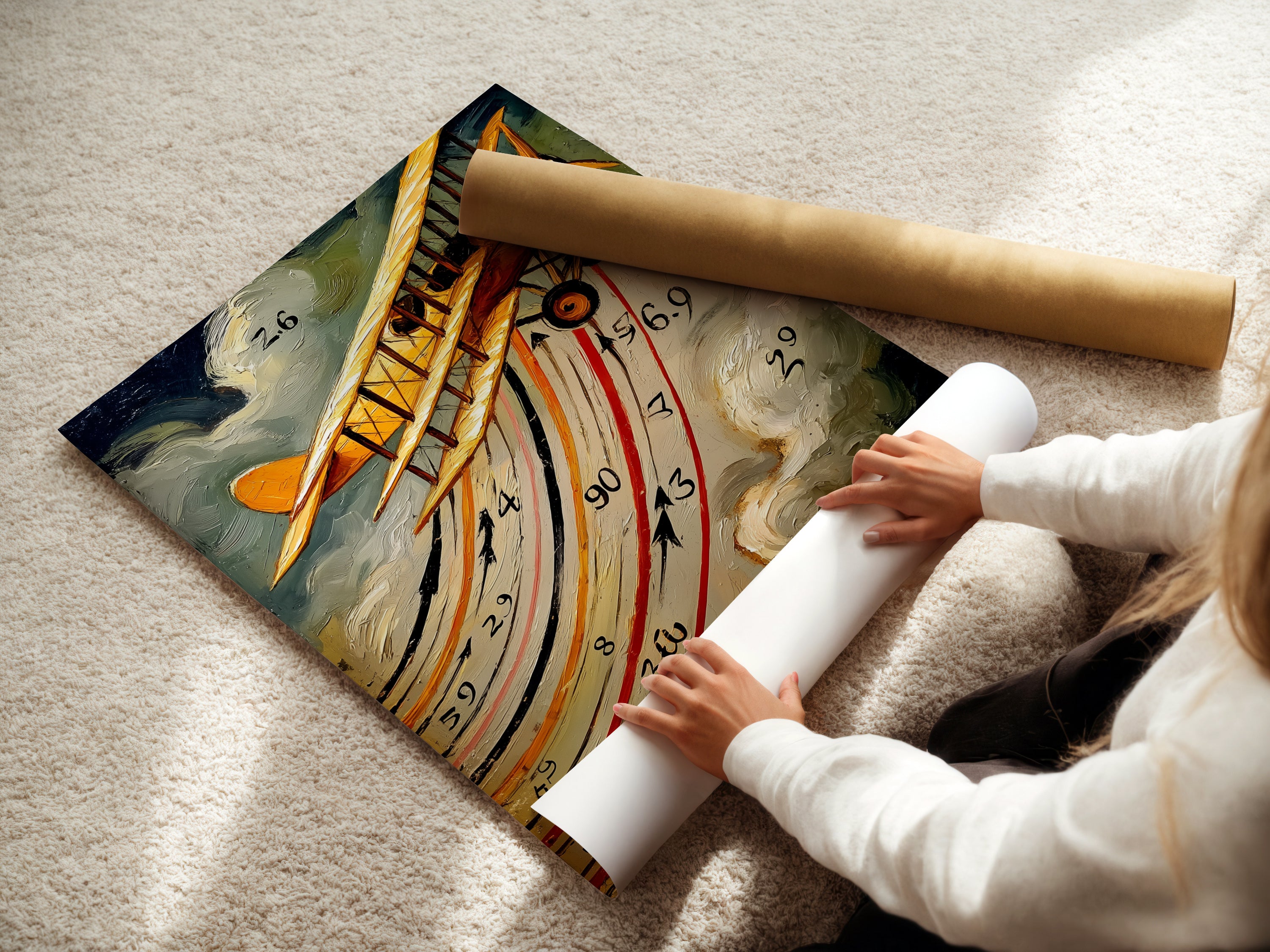 A woman is carefully rolling a fine art poster paper featuring a vintage airplane. The sepia-tone art captures a retro biplane. Perfect for aviation enthusiasts. The poster paper ensures high-quality reproduction. Ideal for framing and displaying in any space. Add historic aircraft to your walls.