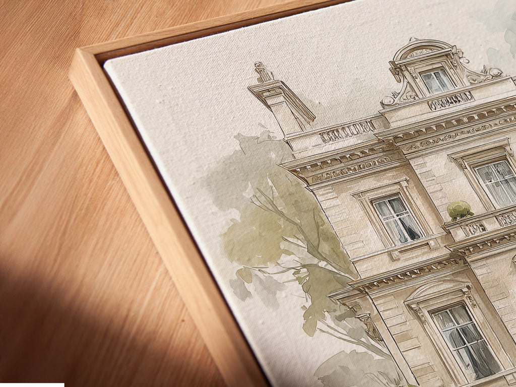 Vintage Anwesen mit Oldtimer - Aquarell Architektur Kunstdruck, Europäische Villa Wanddekoration, Traditioneller Wohndruck