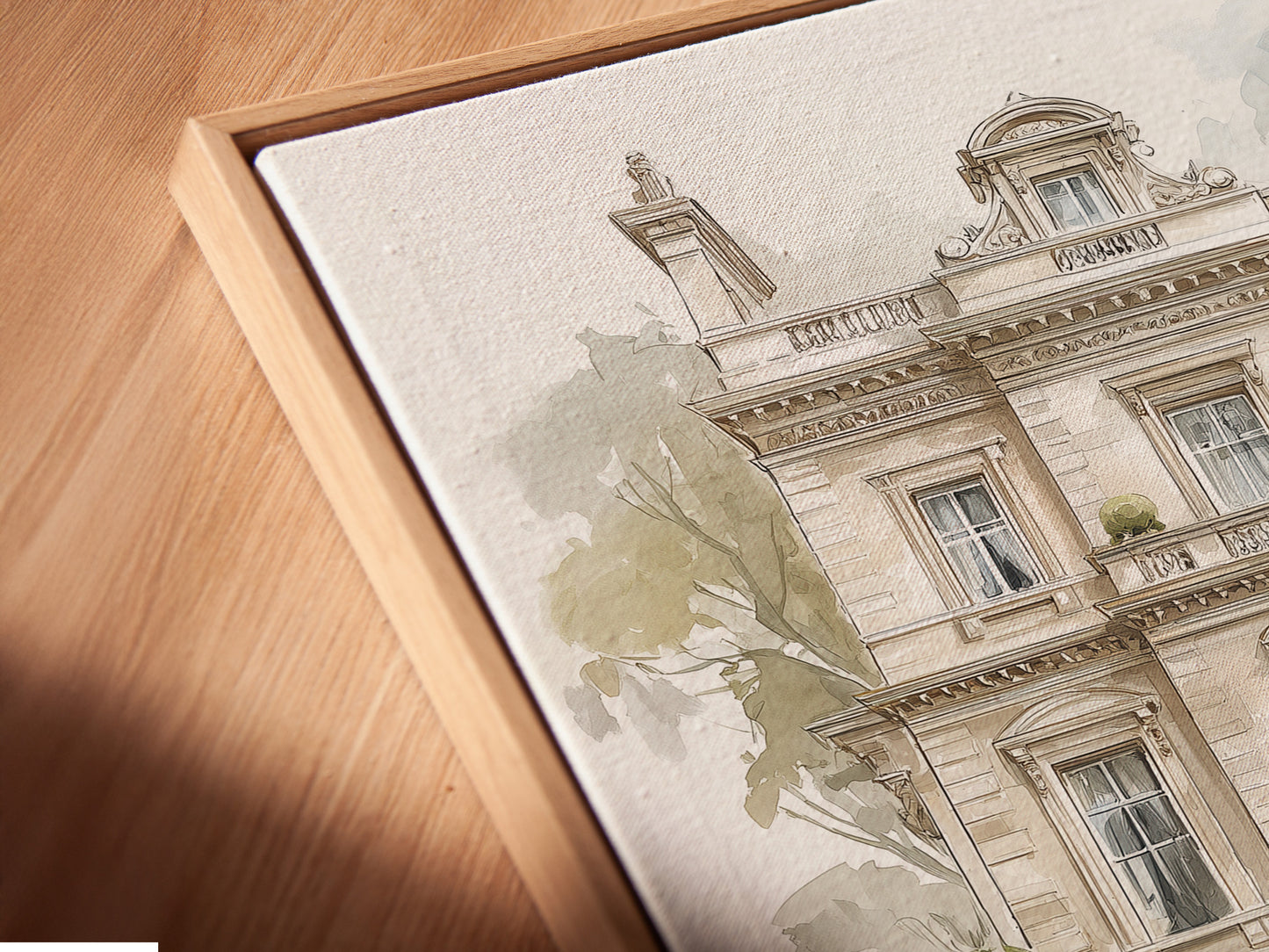 Manoir d'époque avec voiture classique - Impression d'art d'architecture à l'aquarelle, Décoration murale de villa européenne, Impression pour maison traditionnelle