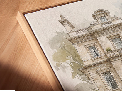 Manoir d'époque avec voiture classique - Impression d'art d'architecture à l'aquarelle, Décoration murale de villa européenne, Impression pour maison traditionnelle