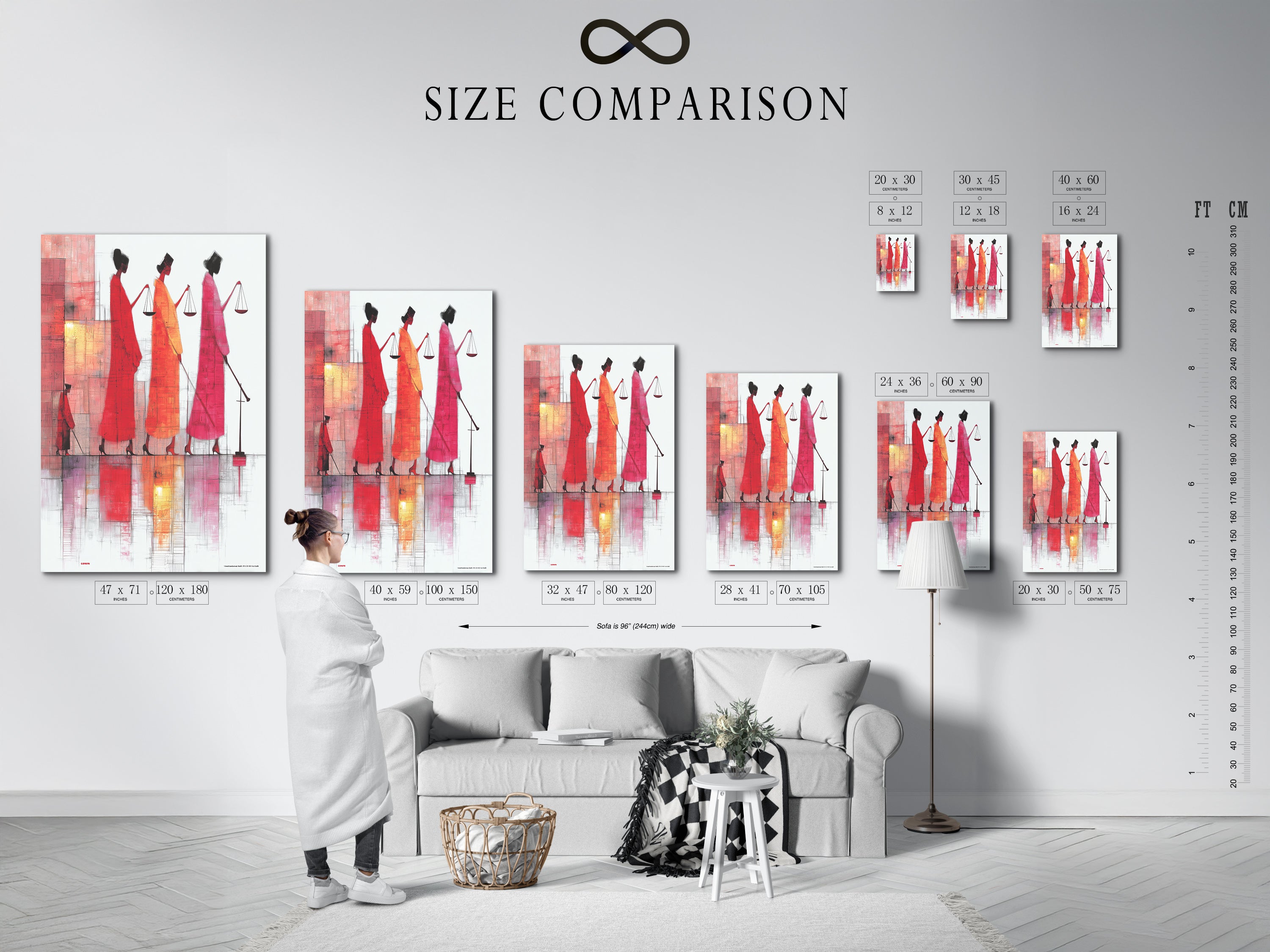 A size comparison chart of the Justice Scales artwork in an interior setting. The chart illustrates how the artwork fits different room sizes. It helps you visualize the impact of this legal wall art in your space.