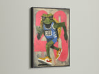 The black frame highlights the graffiti style art. The frog runner artwork is a motivational piece. It is great for sports-themed rooms. This urban wall art suits contemporary styles. It is ideal for those seeking distinctive sports wall decor. The available frame options make it versatile.