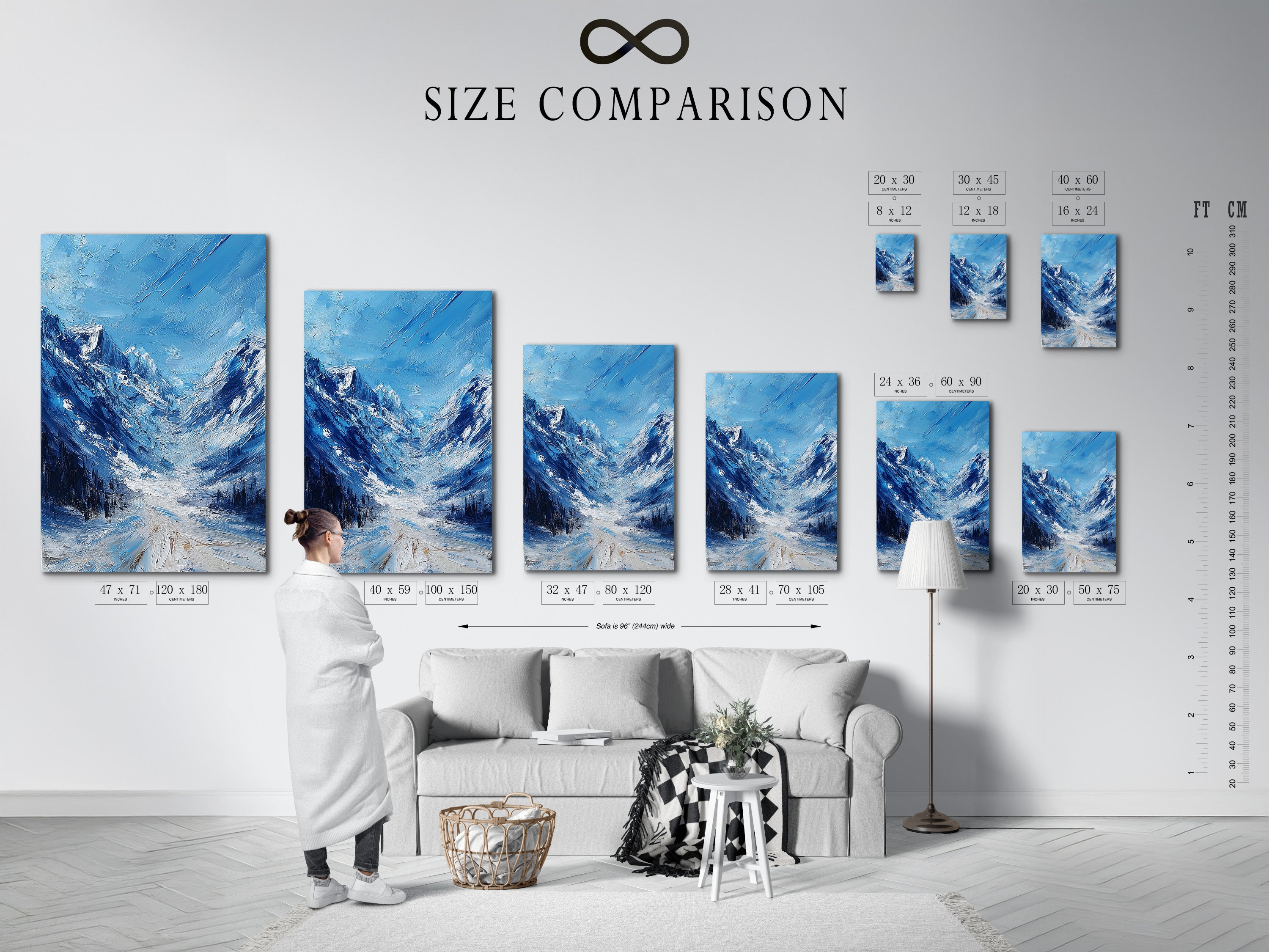 A size comparison chart in an interior setting. Use this chart to choose the perfect size for your space. Visualizing the art helps with decision-making. The chart displays different size options. See how each size fits within a room. This chart ensures you find the right artwork dimensions.