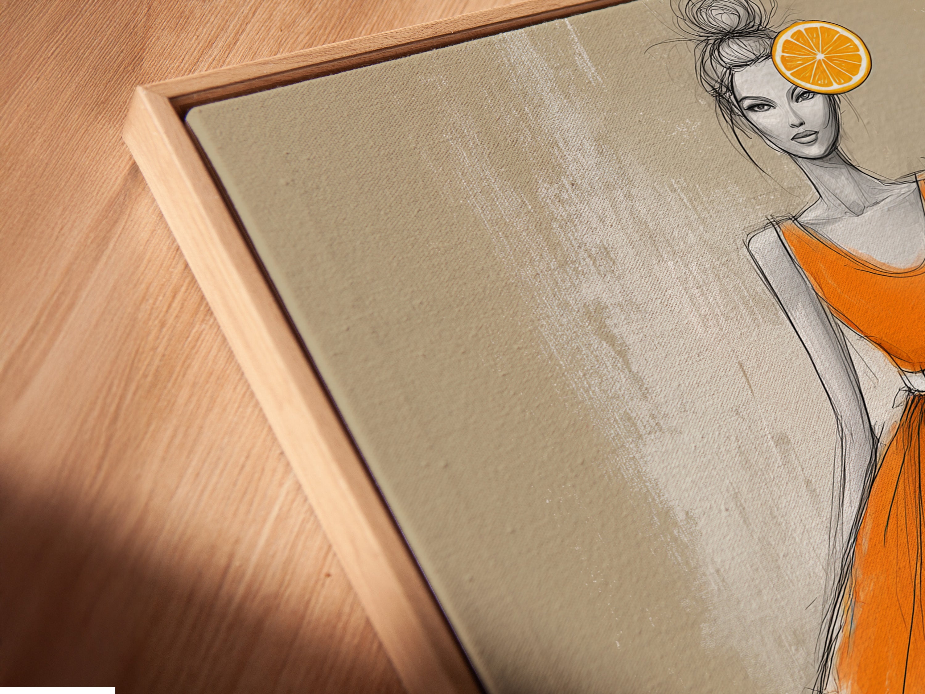 Close-up of a canvas print in a floating frame. The orange dress illustration adds a modern touch to any room. This stylish wall art is perfect for contemporary minimalist or chic styles. Enhance your home decor today.