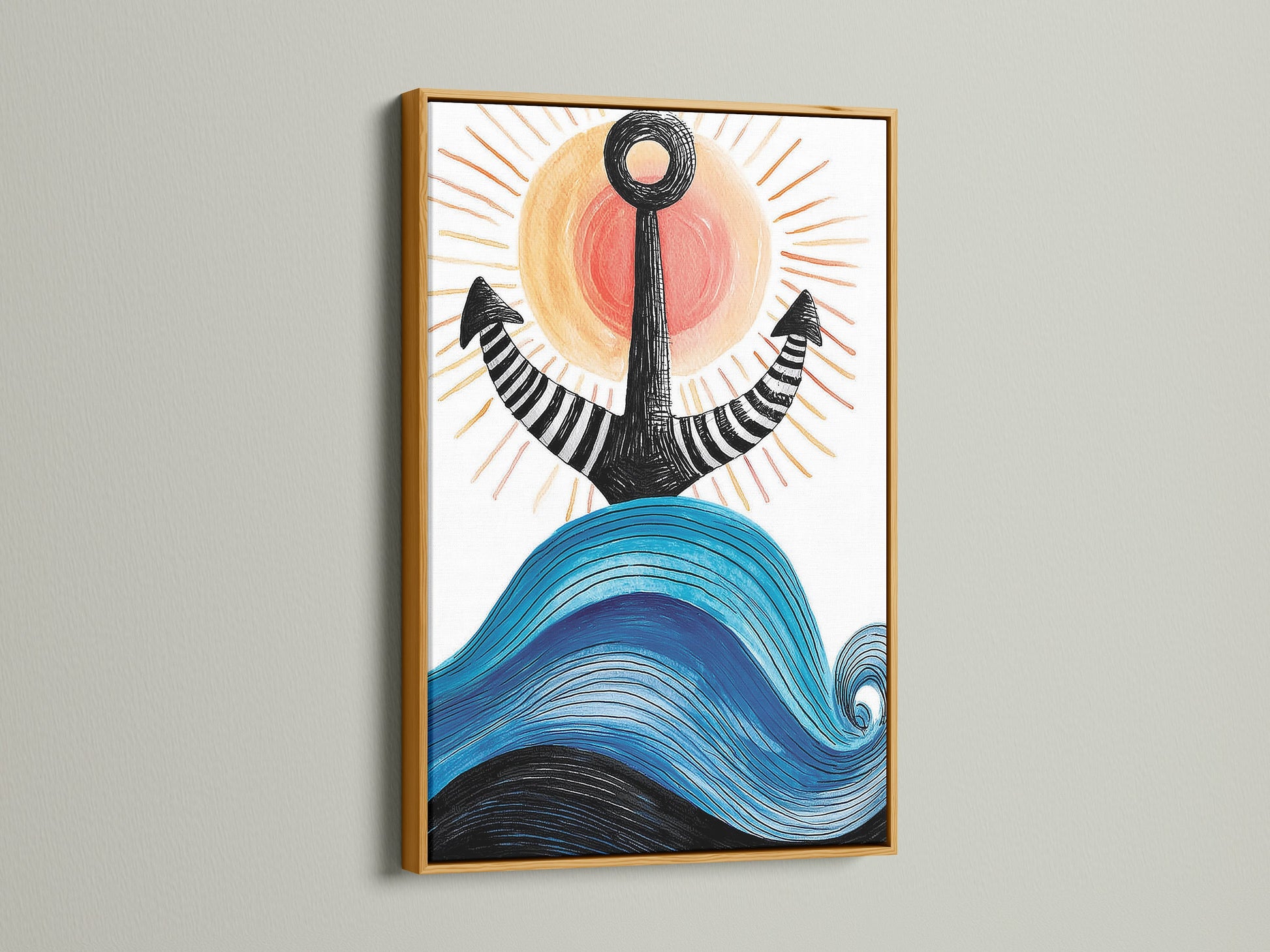Gold frame displaying anchor artwork. This adds a touch of luxury to coastal artwork. The navy blue ocean waves offer a soothing visual. Ideal for creating a relaxing bathroom art display. This nautical print is a perfect gift for ocean enthusiasts. Discover more coastal home art to elevate your decor.