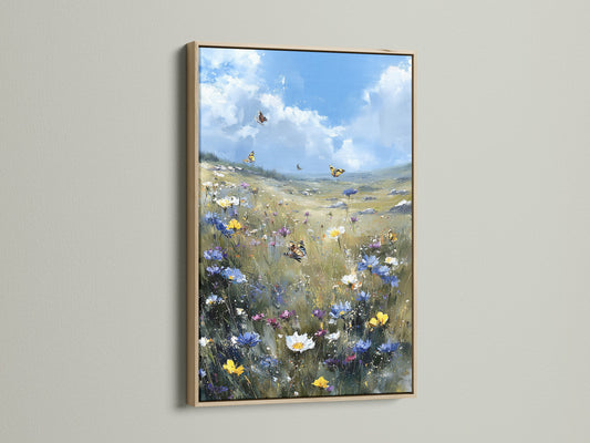 Wildflower Meadow canvas art in an oak frame. The artwork shows a beautiful butterfly field. This wall art brings a blue sky landscape painting to any room. It is ideal for farmhouse and country styles.