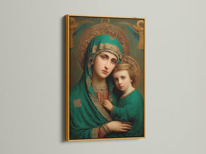 A regal portrait of a mother and child is presented in a luxurious gold frame. The gold frame adds a touch of opulence to the artwork. Make a statement with this framed art. Buy now!
