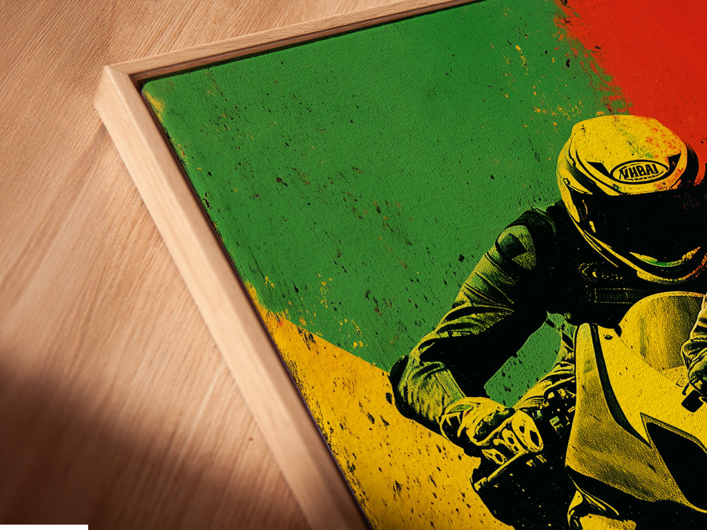 A close-up angled view shows a canvas print in a floating frame. The motorcycle racing artwork features vibrant yellow and red colors. This automotive print is perfect for modern interiors. The sport bike art adds a dynamic touch to any room. This piece of biker wall decor is sure to impress.