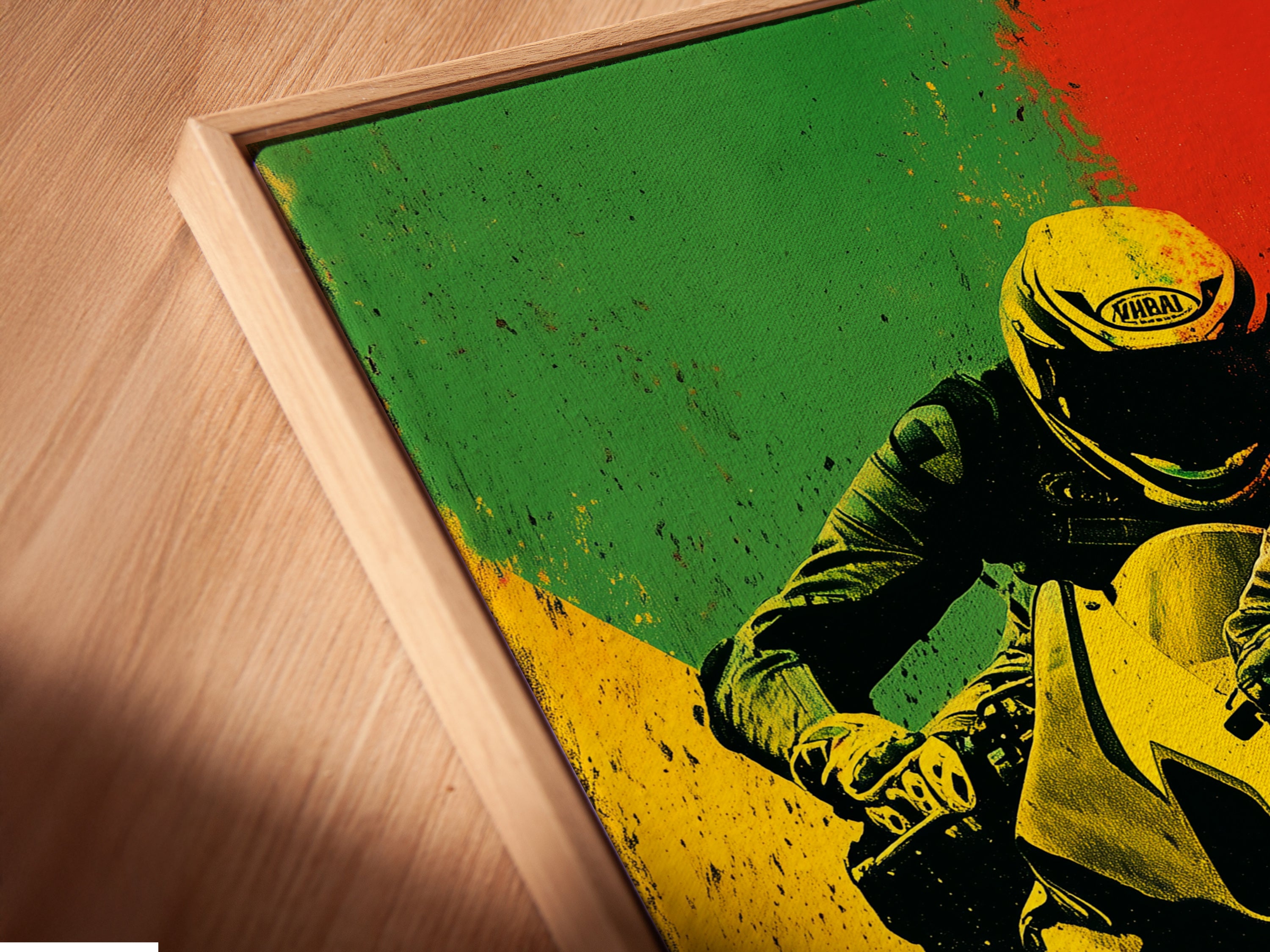 A close-up angled view shows a canvas print in a floating frame. The motorcycle racing artwork features vibrant yellow and red colors. This automotive print is perfect for modern interiors. The sport bike art adds a dynamic touch to any room. This piece of biker wall decor is sure to impress.