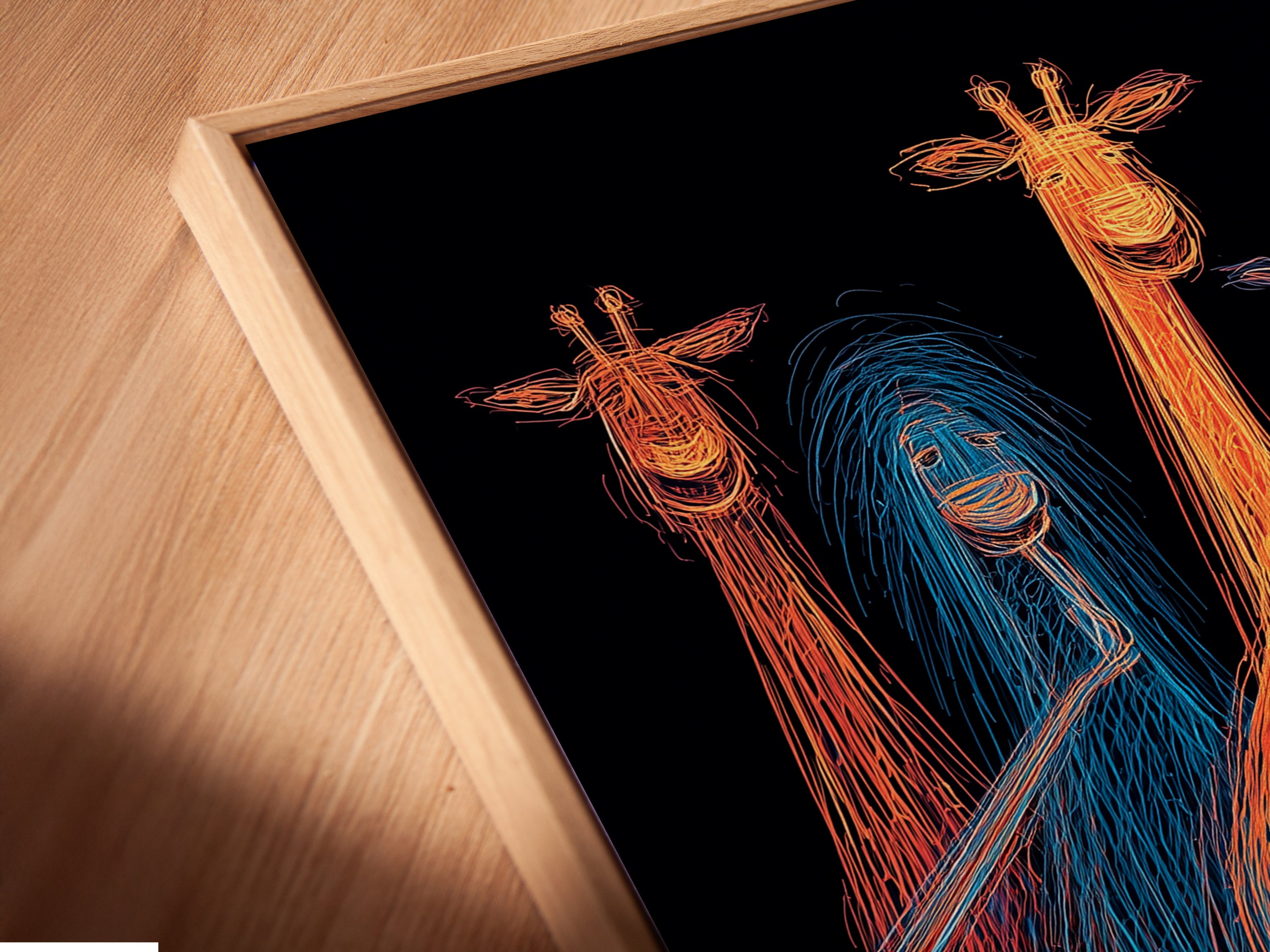 Angled close-up of a canvas print in a floating frame. The giraffe band artwork is vibrant. This colorful music wall art enhances any room. Neon animal musicians create a playful touch. The funky animal print is eye-catching. Ideal for music lovers.