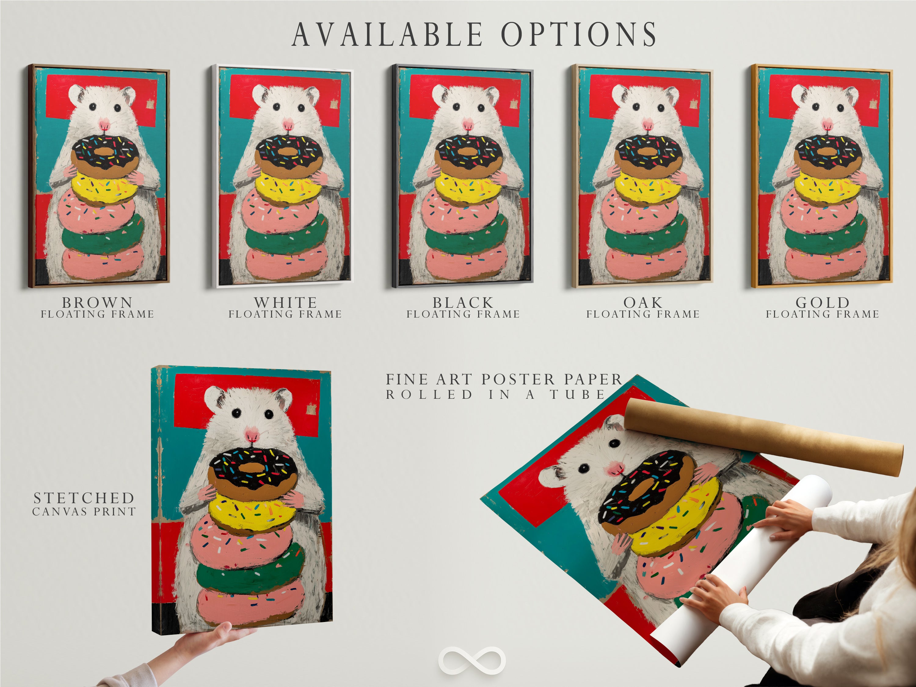 Available options for the Hamster with Donuts artwork. Choose from stretched canvas print fine art poster paper or floating frame. This colorful artwork is perfect for any room.