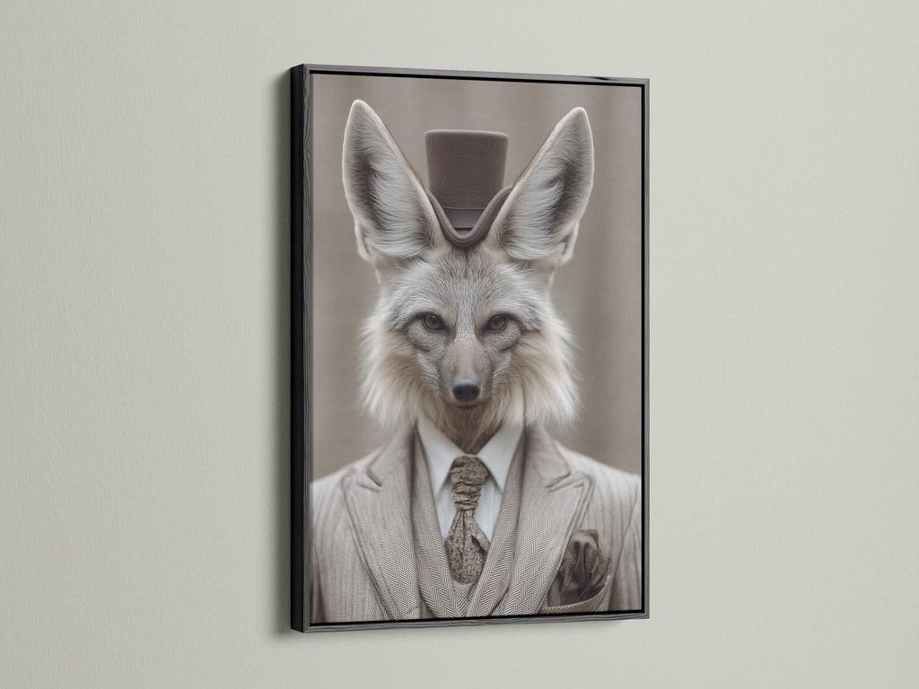 Fox Gentleman Canvas Print with a black frame.  This dapper animal wall artwork adds a touch of Victorian style to any study room. The black frame accentuates the artwork's sophisticated look. The artwork features a fox in a suit and top hat. It is ideal for adding character to studies libraries or offices.