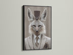 Fox Gentleman Canvas Print with a black frame.  This dapper animal wall artwork adds a touch of Victorian style to any study room. The black frame accentuates the artwork's sophisticated look. The artwork features a fox in a suit and top hat. It is ideal for adding character to studies libraries or offices.