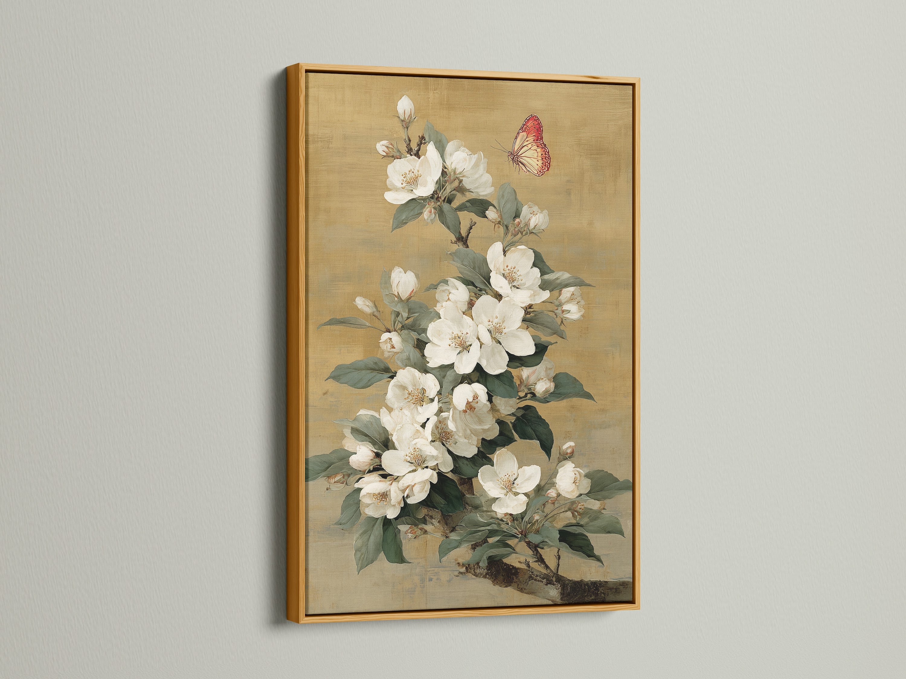 Vintage botanical print of white flowers and a butterfly in a gold frame. This flower artwork brings a touch of Victorian style to any room. Perfect as bedroom art or living room wall art. Elevate your space with this elegant botanical canvas.