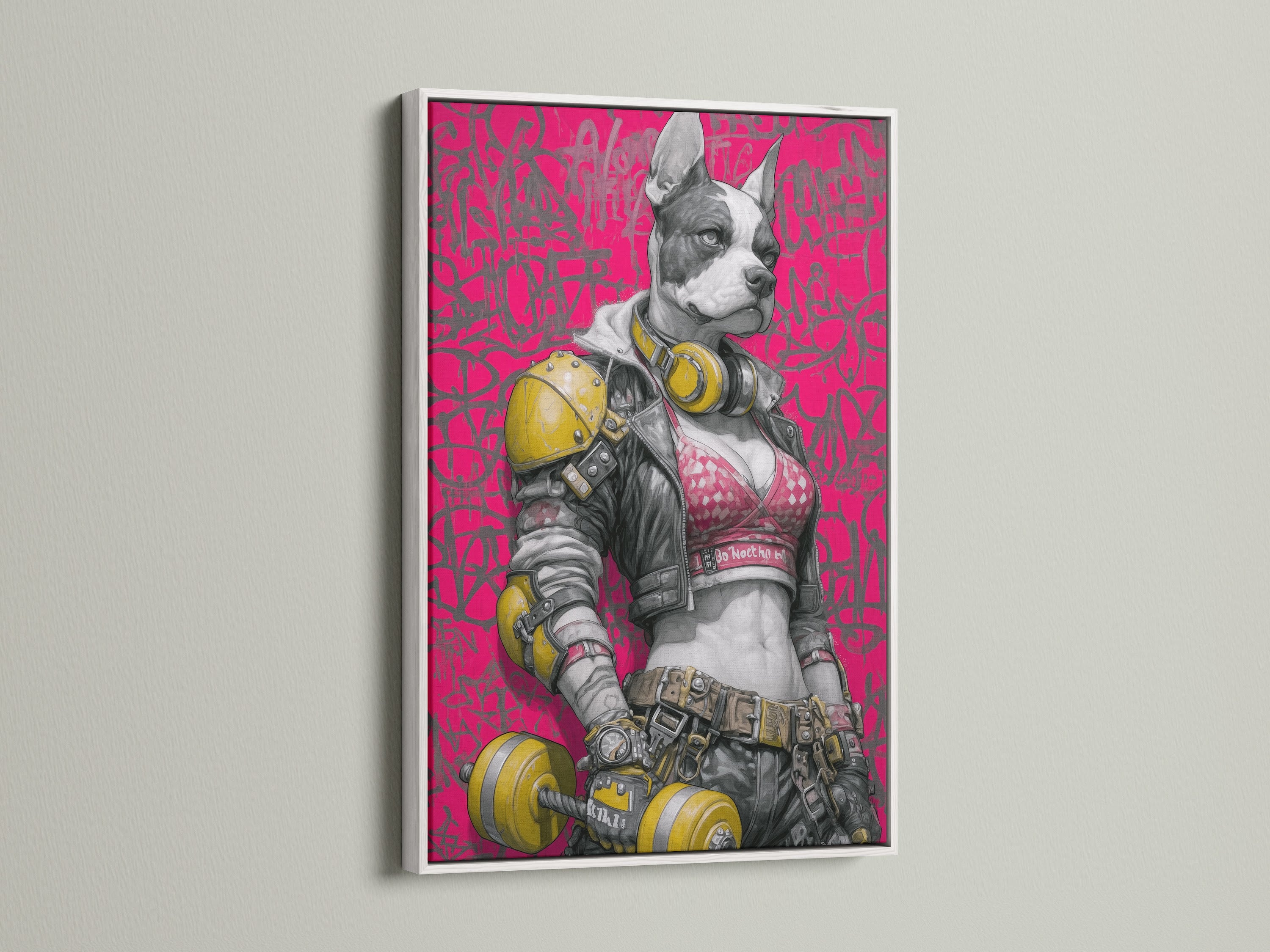 Cyberpunk Dog art print showcased in a white frame. This pop art print features a futuristic French Bulldog. The neon pink wall art is a vibrant addition. Perfect for modern wall decor. This street art canvas enhances any boutique art collection.
