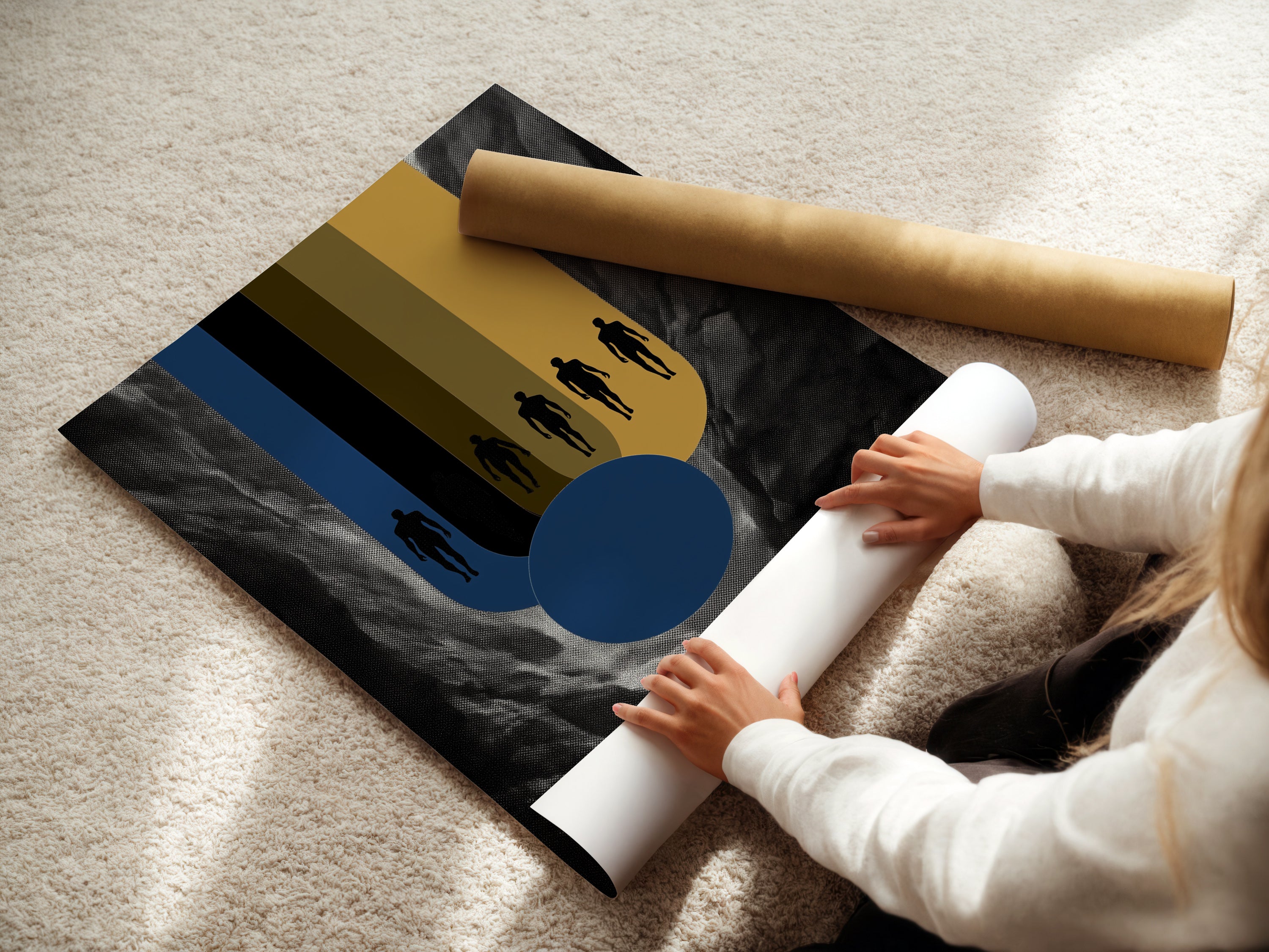 A woman is carefully rolling a fine art poster paper. Preparing it for framing. This highlights the care and quality put into each abstract figure art print. Perfect for modern wall decor enthusiasts.
