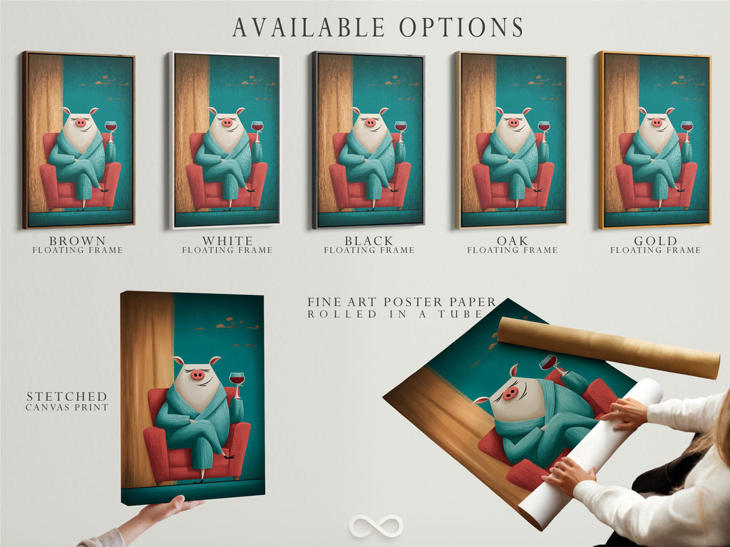 Explore available options. Choose between a stretched canvas print fine art poster paper or a floating frame. This teal pig art print is a funny animal wall art piece. It features a pig with wine. This kitchen wall decor will enhance any room. Find your ideal whimsical animal artwork.