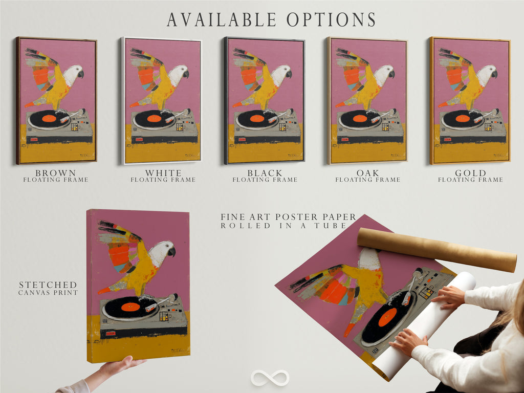 Available options for the Parrot DJ artwork. Choose from a stretched canvas print. Or a fine art poster paper. Or a floating frame option. Customize this retro music art to fit your unique style.