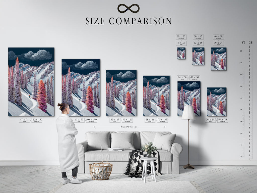 A size comparison chart in an interior setting. This chart shows how the Winter Mountain Canvas Print fits. See the snowy trees wall art in different sizes. Visualize the pastel landscape painting in your space. Plan your home wall decor with ease