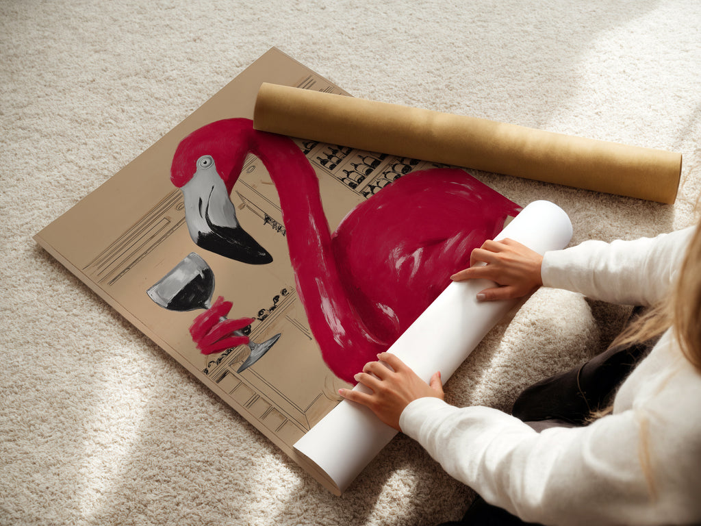 A woman is carefully rolling a fine art poster paper. The flamingo wine artwork is ready for framing or display. This high quality print captures the vibrant colors. It ensures a lasting piece of wall decor for any wine enthusiast.