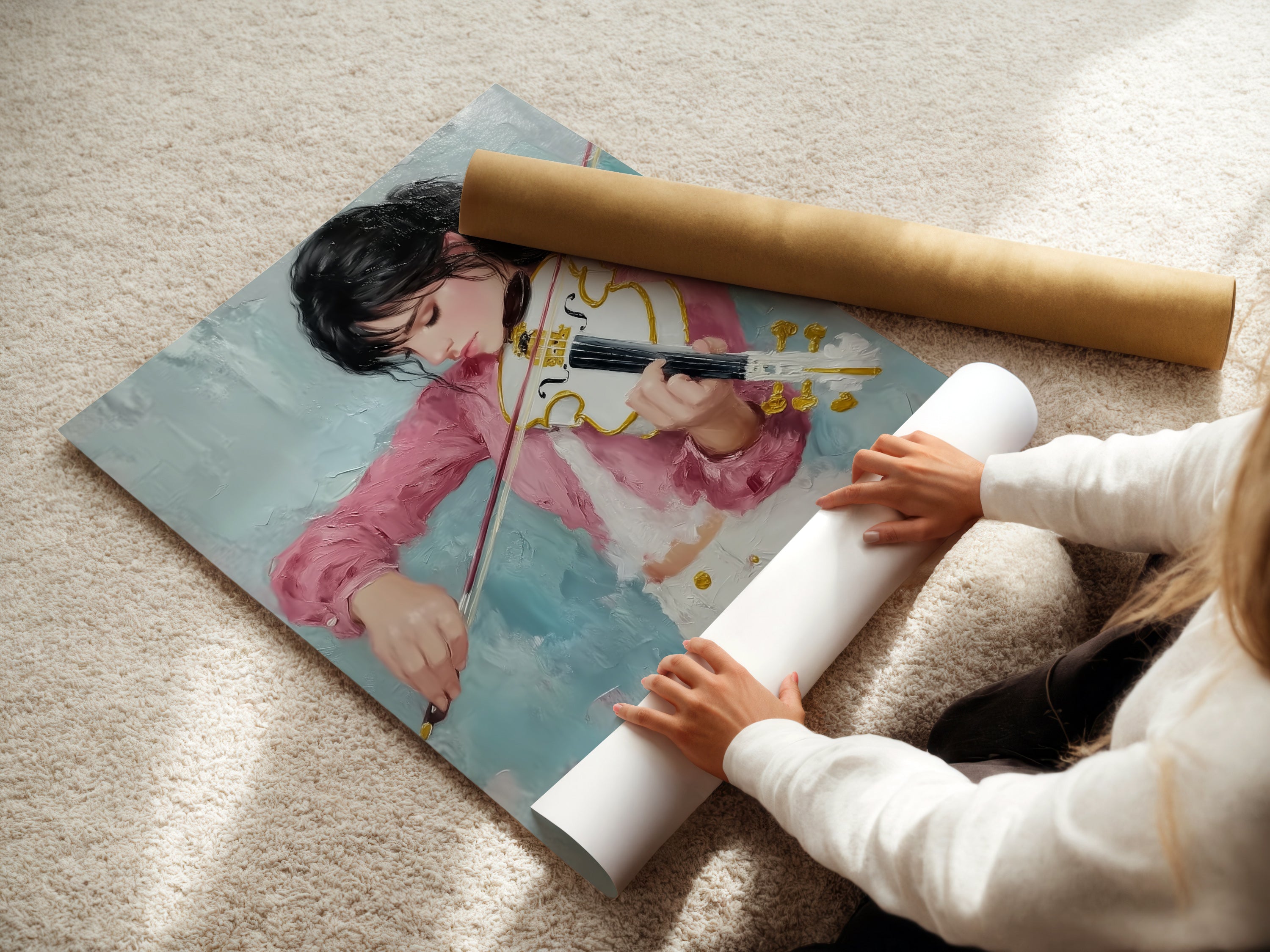 A woman carefully rolls a fine art poster paper of the violinist artwork. This musical artwork is perfect for any space. Consider this artwork as a thoughtful gift for musicians or art lovers. The fine art poster beautifully captures the essence of music.
