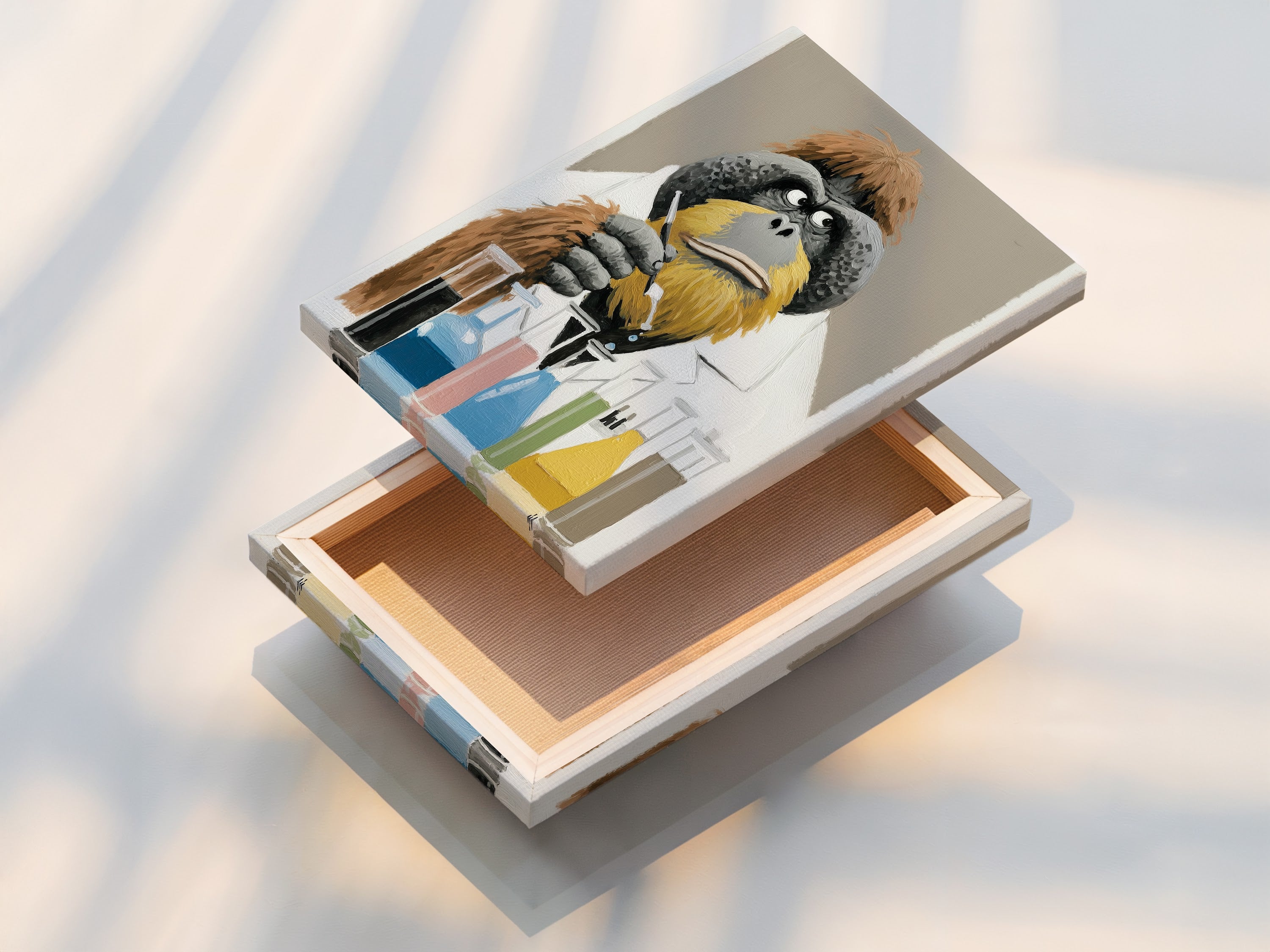 A stretched canvas print showcases the Orangutan Scientist artwork. The artwork features a thoughtful orangutan in a lab coat. Test tubes filled with colorful liquids sit before him. The canvas is stretched and ready to hang. This makes a bold statement in any room.