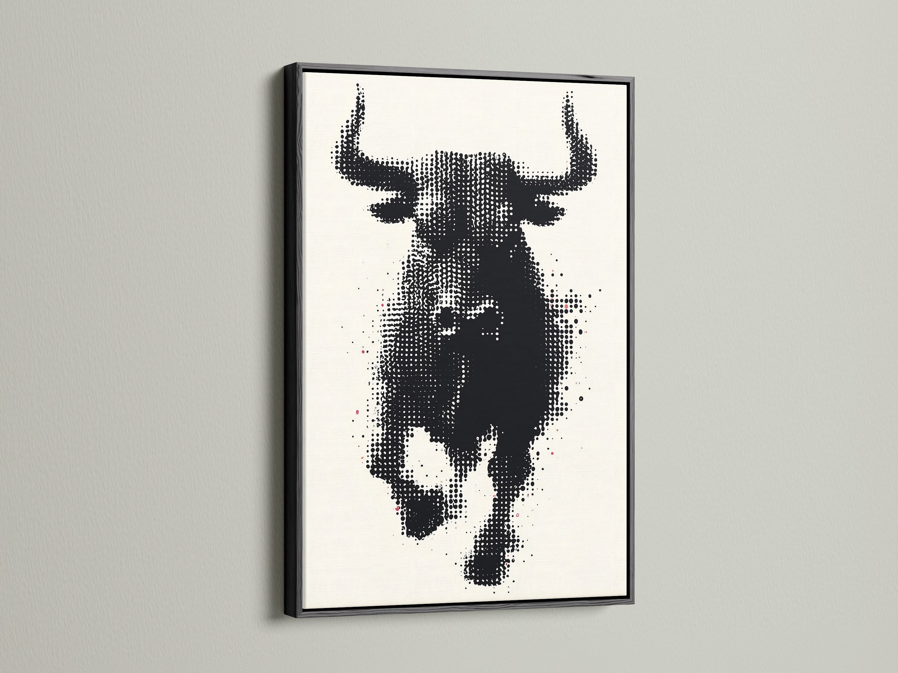 The bull artwork is showcased in a sleek black frame. The high contrast creates a bold statement. This animal canvas print is ideal for modern and industrial spaces. The black frame adds a touch of sophistication. Perfect for creating a focal point in your living room or office. This halftone art print is a must-have.