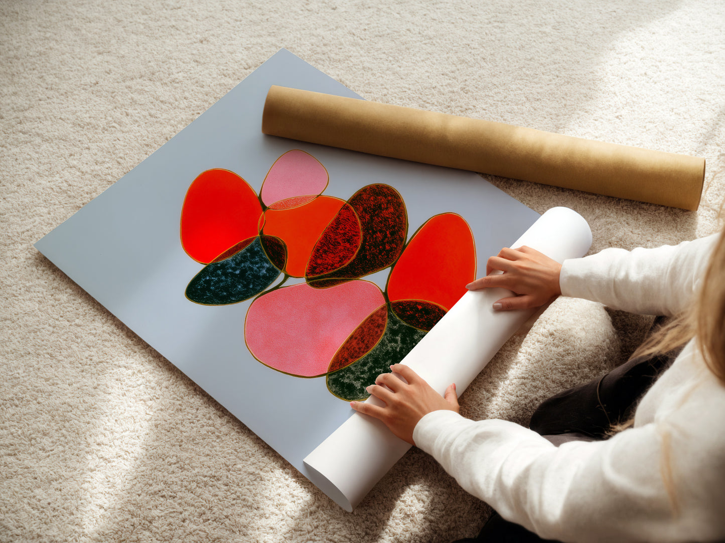 A woman carefully rolls a fine art poster paper. High-quality paper ensures the abstract artwork looks stunning. This balance art print is perfect for framing. Ideal for modern wall decor.