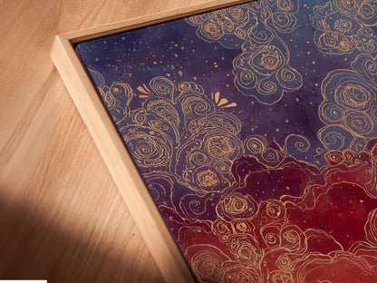 A close-up of a canvas print in a floating frame. The artwork features a dreamy seascape. The floating frame adds a modern touch. This coastal artwork enhances any room. Perfect for adding a touch of the beach to your home. The sunset print is a beautiful focal point.