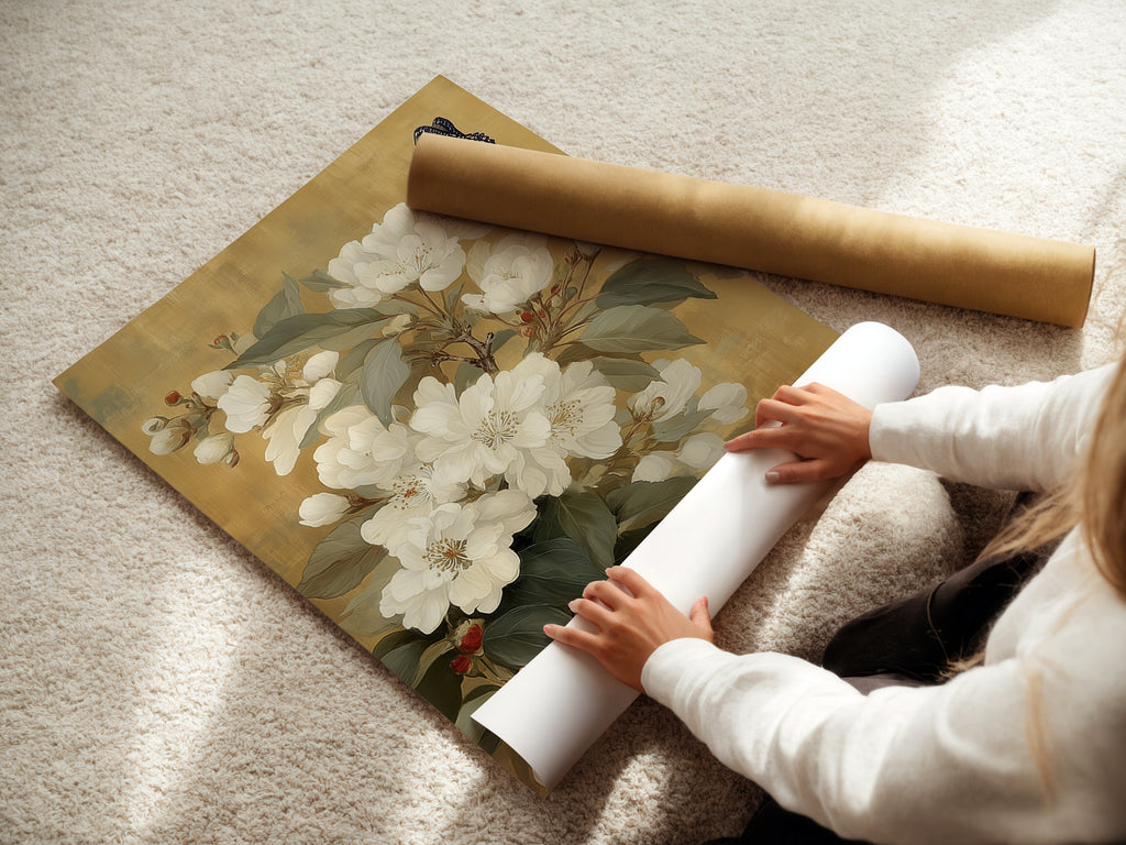 A woman carefully rolling a fine art poster paper. Preparing a vintage botanical print for framing. High-quality materials ensure a lasting piece of art. The poster paper showcases the intricate details of the white flowers and butterfly artwork. Perfect art for minimalist spaces.