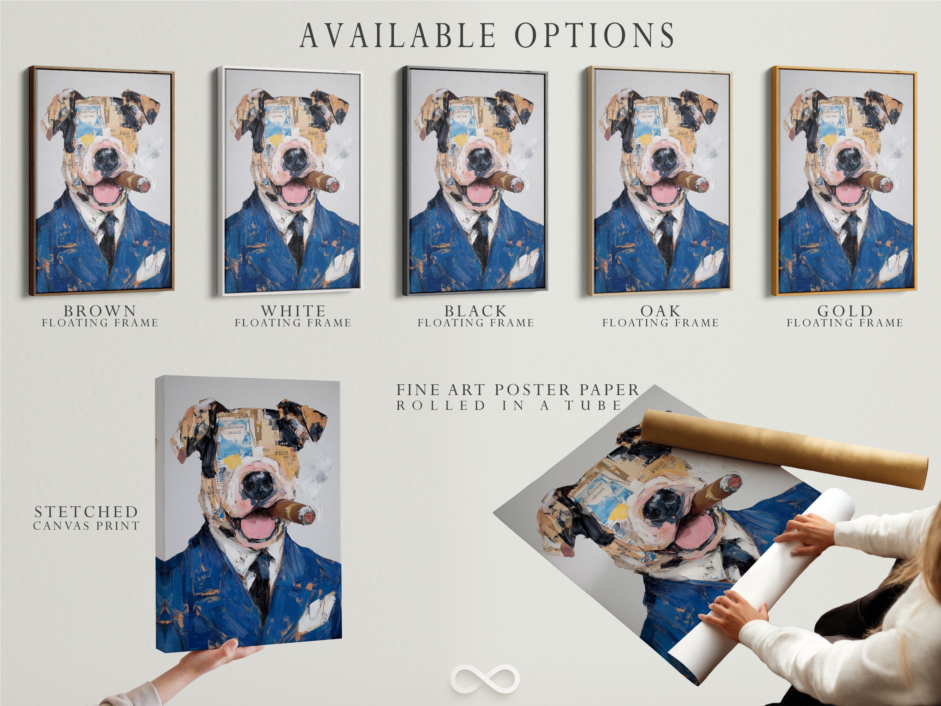 Available options for the dog portrait art. Choose between a stretched canvas print fine art poster paper or a floating frame. Customize your mixed media collage. Find the perfect animal wall art to match your decor. Create a unique dog lover gift.