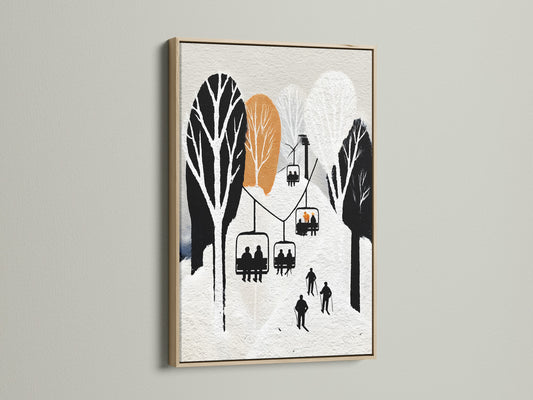 This image features a ski lift artwork framed in oak. This winter wall art evokes a vintage ski resort poster feel ideal for cabin decor. The snowy alpine artwork complements lodge styles. Add minimalist mountain canvas to living rooms bedrooms or ski chalets.