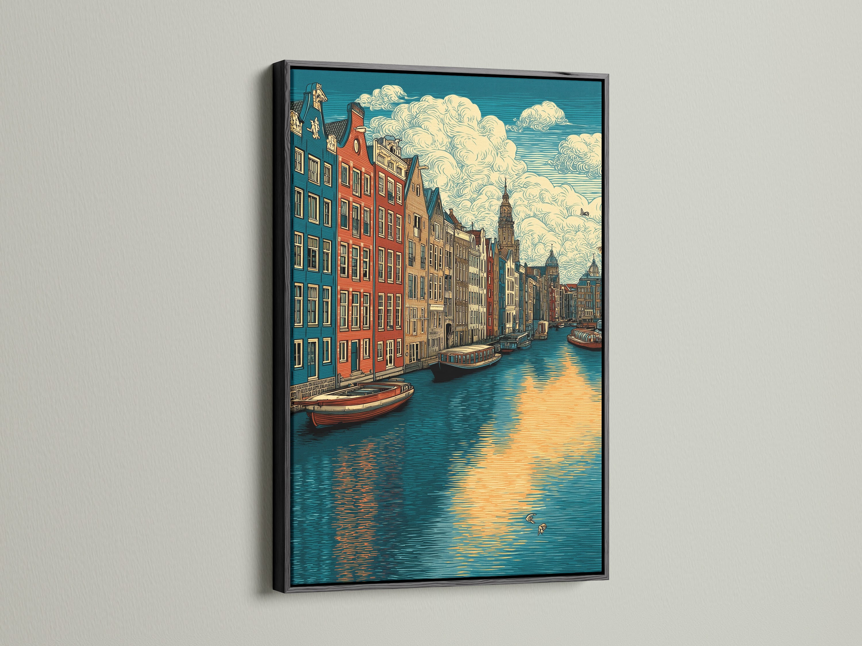 Stampa artistica del canale di Amsterdam - Arte murale della città europea, poster di viaggio vintage per l'arredamento del soggiorno, tela con architettura olandese