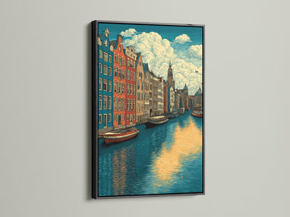 Impression d’art Amsterdam Canal - Art mural urbain européen, Affiche voyage vintage pour décor du salon, Toile d’architecture néerlandaise
