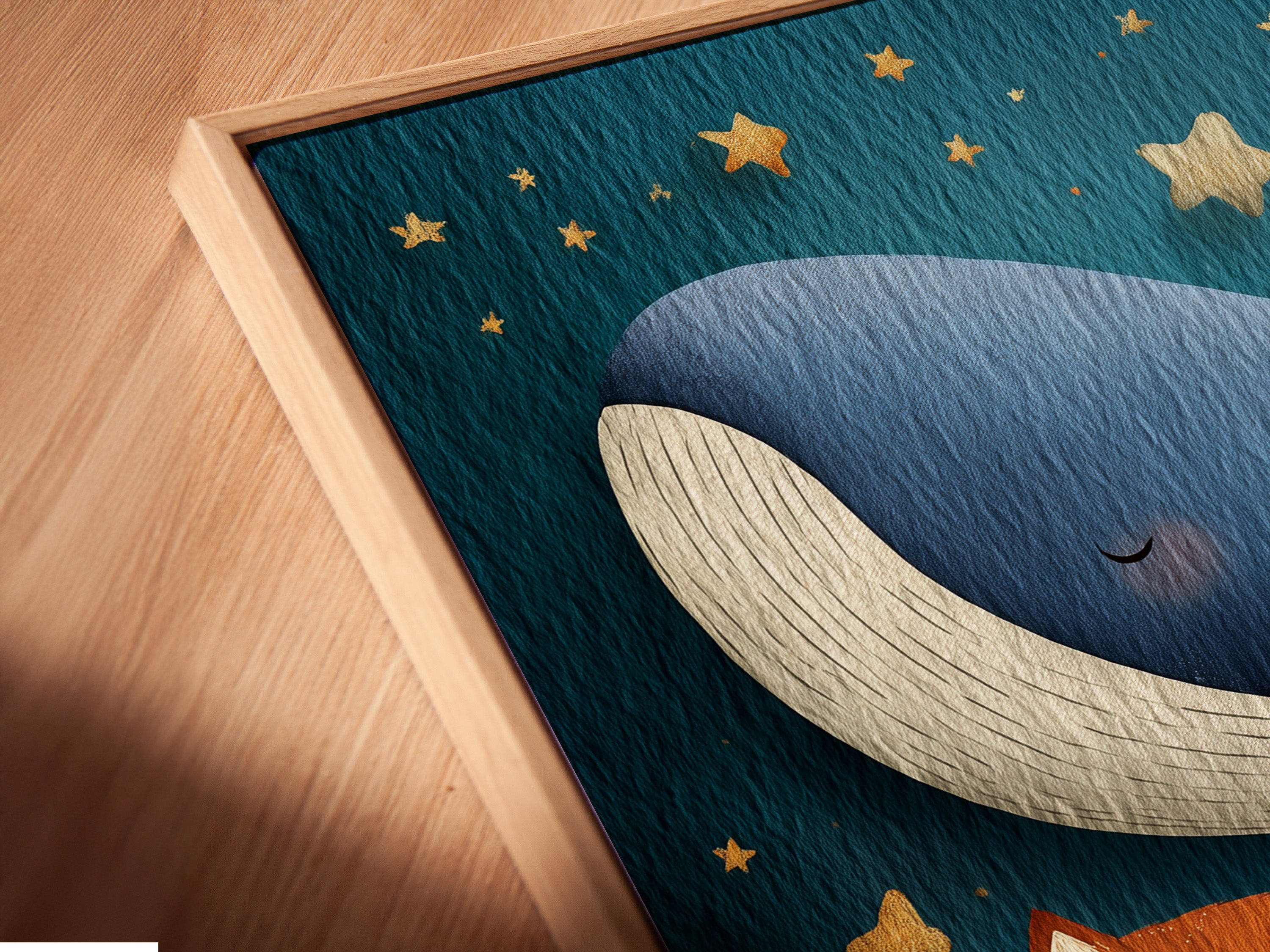 Angled close-up showcasing a canvas print in a floating frame. The artwork appears to float within the frame. This creates a modern and elegant display. Perfect for highlighting the texture and depth of your favorite art prints.