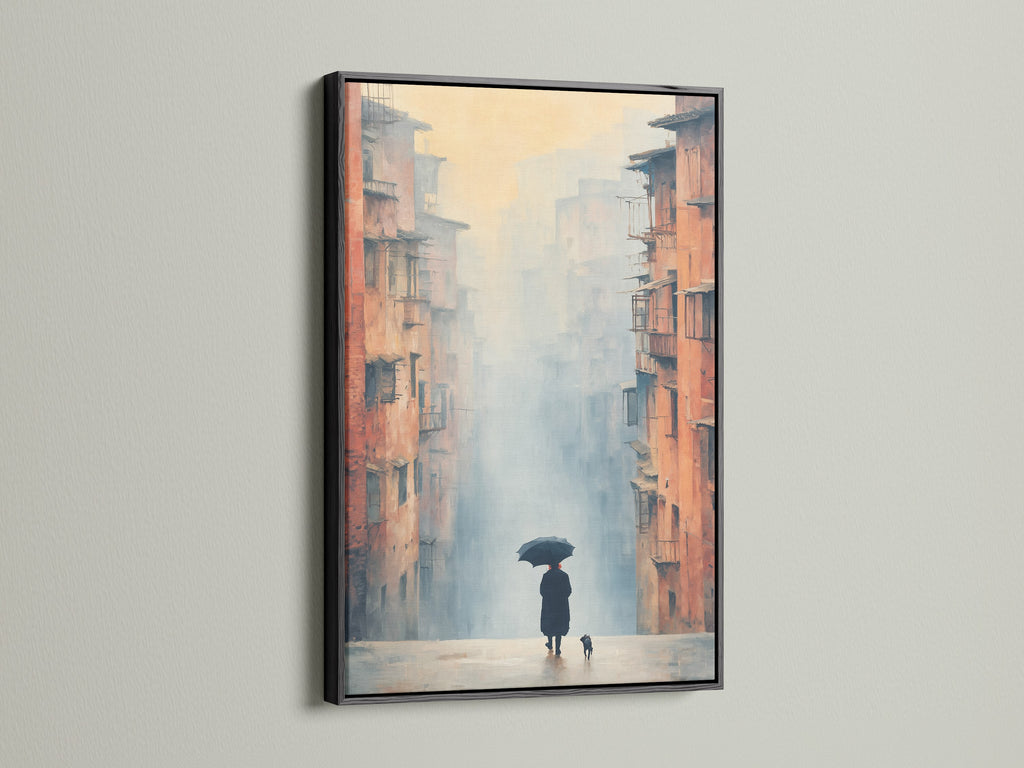 Urban canvas print in a sleek black frame. This cityscape art captures a misty city scene perfect for modern interiors. Add sophistication to studios waiting rooms or lobbies with this atmospheric print.