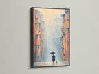 Urban canvas print in a sleek black frame. This cityscape art captures a misty city scene perfect for modern interiors. Add sophistication to studios waiting rooms or lobbies with this atmospheric print.