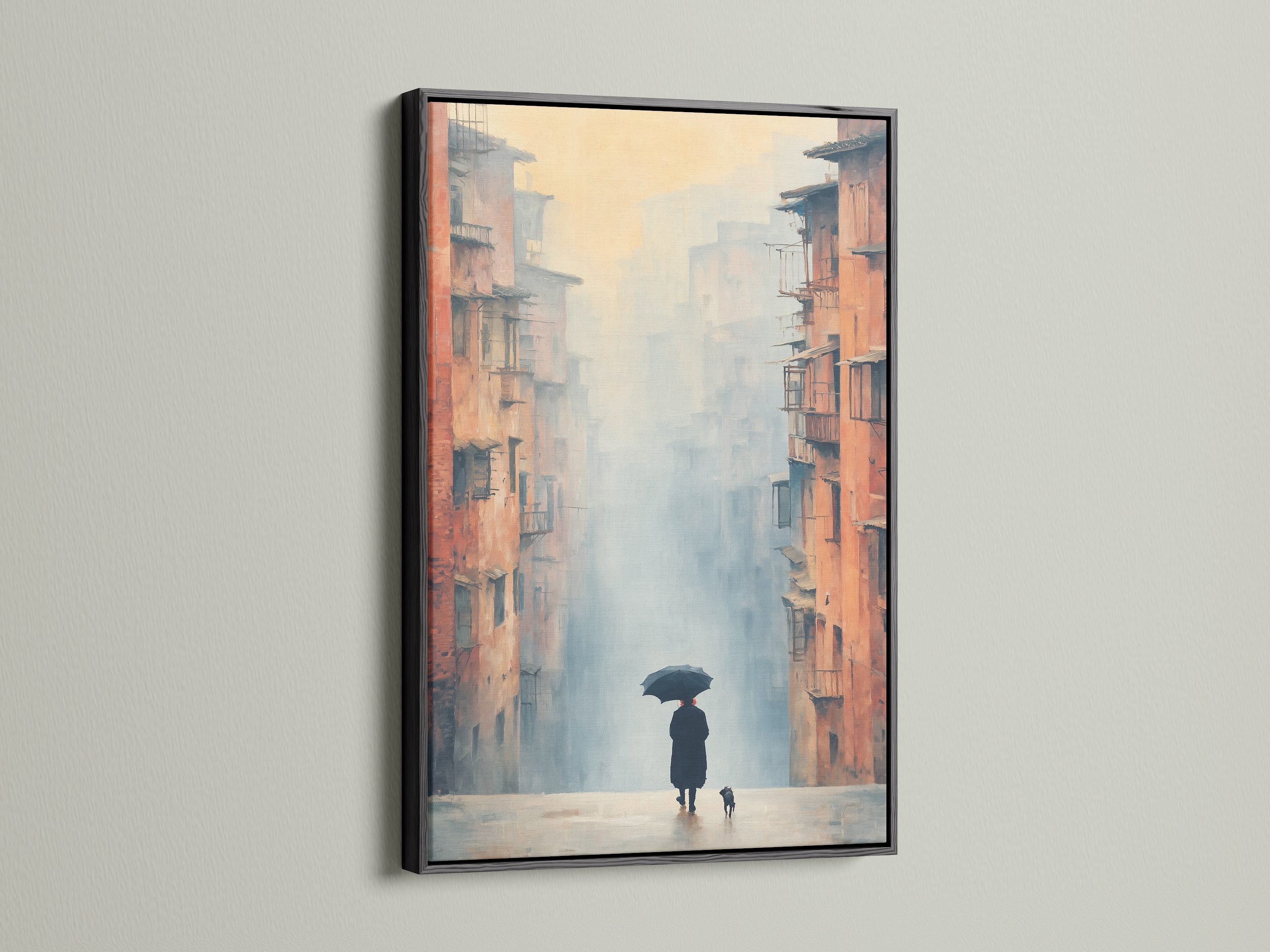 Urban canvas print in a sleek black frame. This cityscape art captures a misty city scene perfect for modern interiors. Add sophistication to studios waiting rooms or lobbies with this atmospheric print.