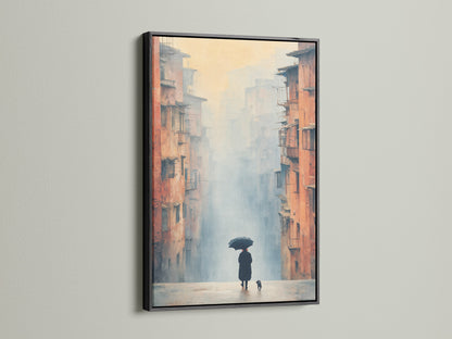 Urban canvas print in a sleek black frame. This cityscape art captures a misty city scene perfect for modern interiors. Add sophistication to studios waiting rooms or lobbies with this atmospheric print.
