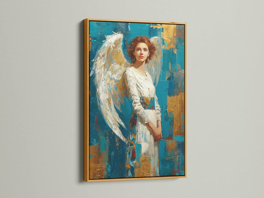 Artwork featuring a woman with angel wings is elegantly displayed in a gold frame. The gold frame adds a touch of luxury to the artwork. Discover the opulence of gold frames. They enhance your art with a radiant and sophisticated touch.