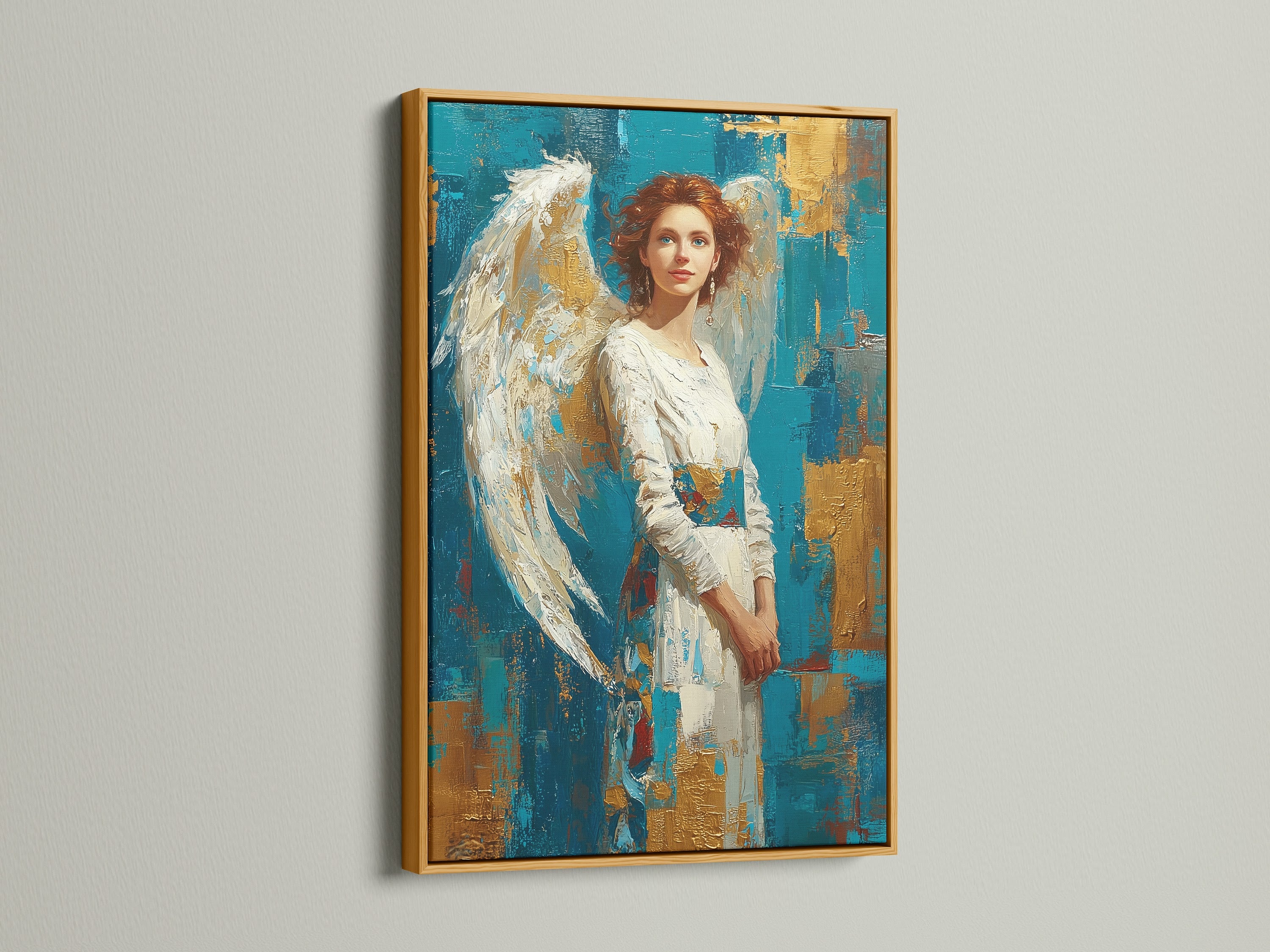 Artwork featuring a woman with angel wings is elegantly displayed in a gold frame. The gold frame adds a touch of luxury to the artwork. Discover the opulence of gold frames. They enhance your art with a radiant and sophisticated touch.