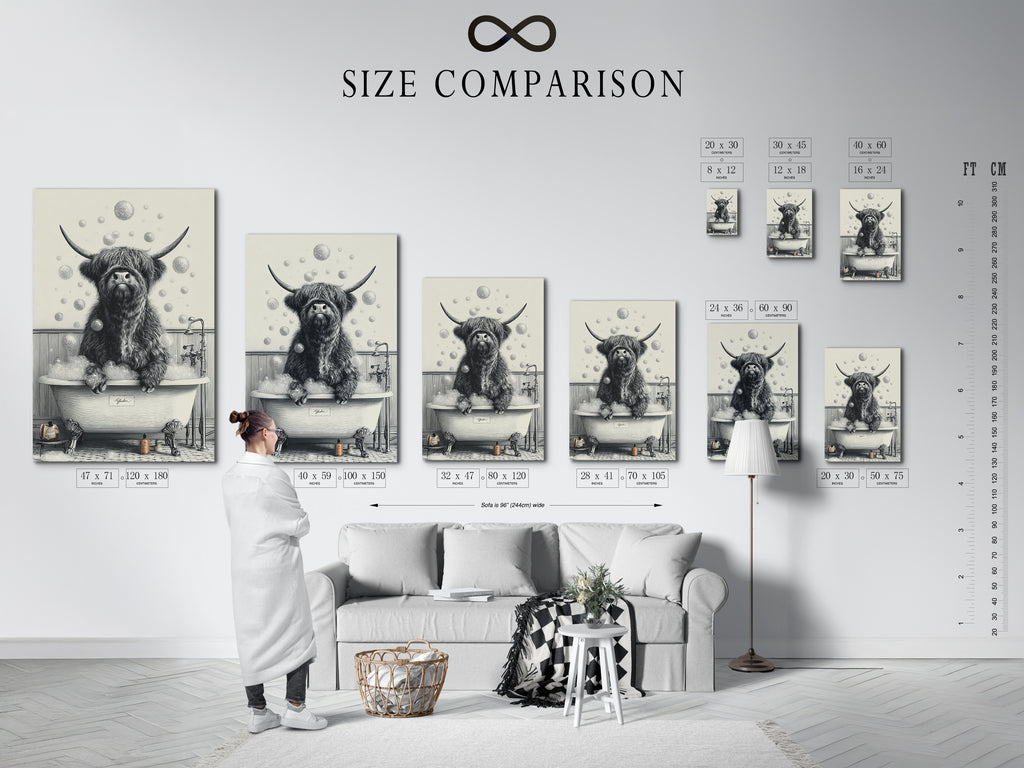 A size comparison chart displayed in an interior setting. This chart helps you visualize the different sizes available for the highland cow artwork. Choose the perfect size for your bathroom art or farmhouse wall art. Ensure your animal canvas fits your space perfectly.
