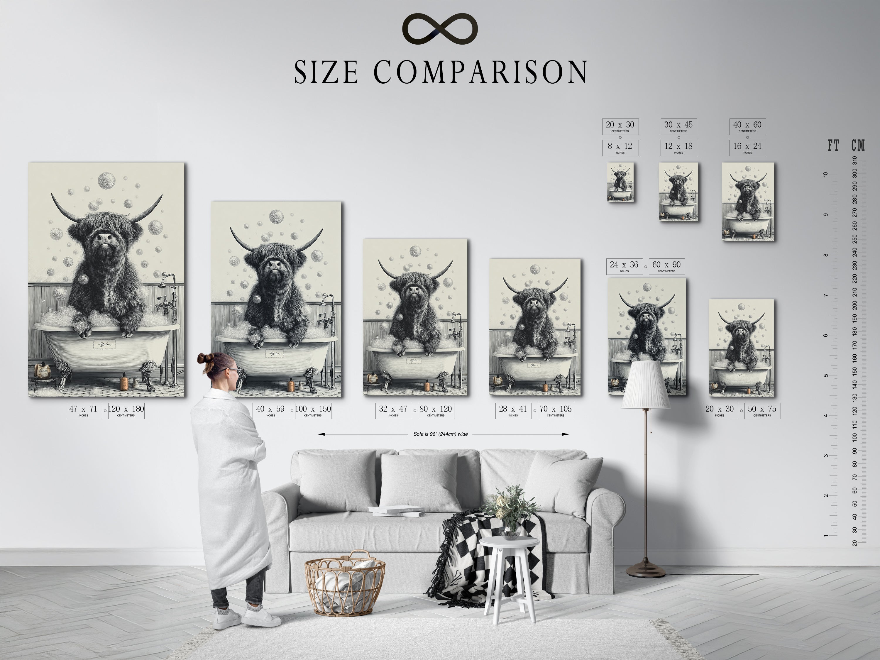 A size comparison chart is displayed in an interior setting. Various sizes of the highland cow art are shown. This helps visualize how the artwork fits. This farmhouse animal poster can transform any room. Perfect for bathroom wall art.