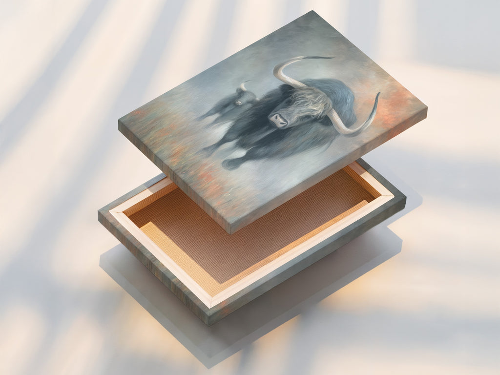 A stretched canvas print featuring yak artwork. A highland cattle wall art is displayed. It's ready to hang. This adds texture and depth to rustic farmhouse decor. Perfect for cabin wall art.