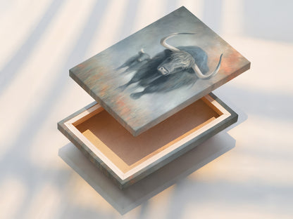 A stretched canvas print featuring yak artwork. A highland cattle wall art is displayed. It's ready to hang. This adds texture and depth to rustic farmhouse decor. Perfect for cabin wall art.