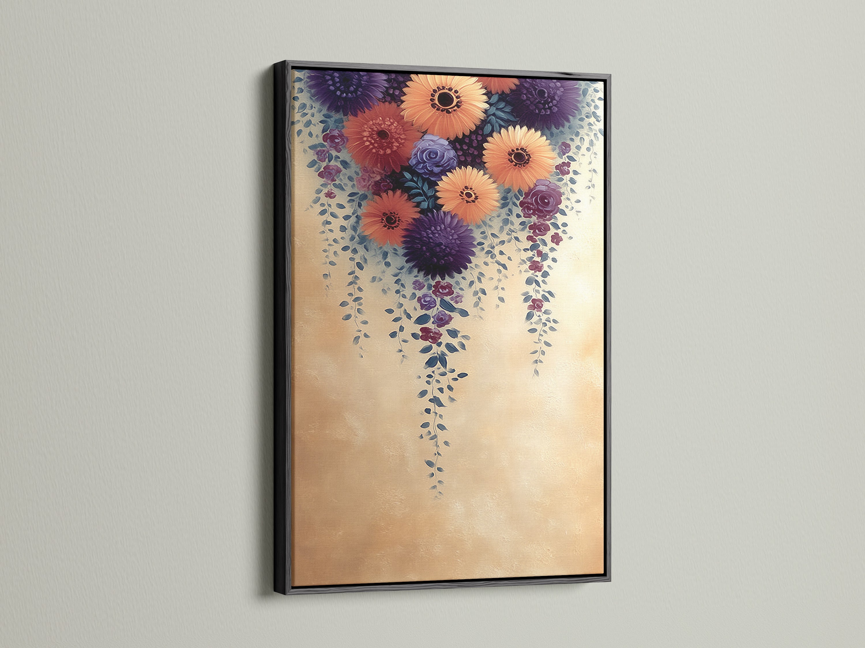 The Floral Cascade Canvas Print is encased in a sleek black frame. A striking contrast that highlights the beauty of the purple and peach flower artwork. A bold botanical statement for modern spaces. Perfect for offices studios and boutiques