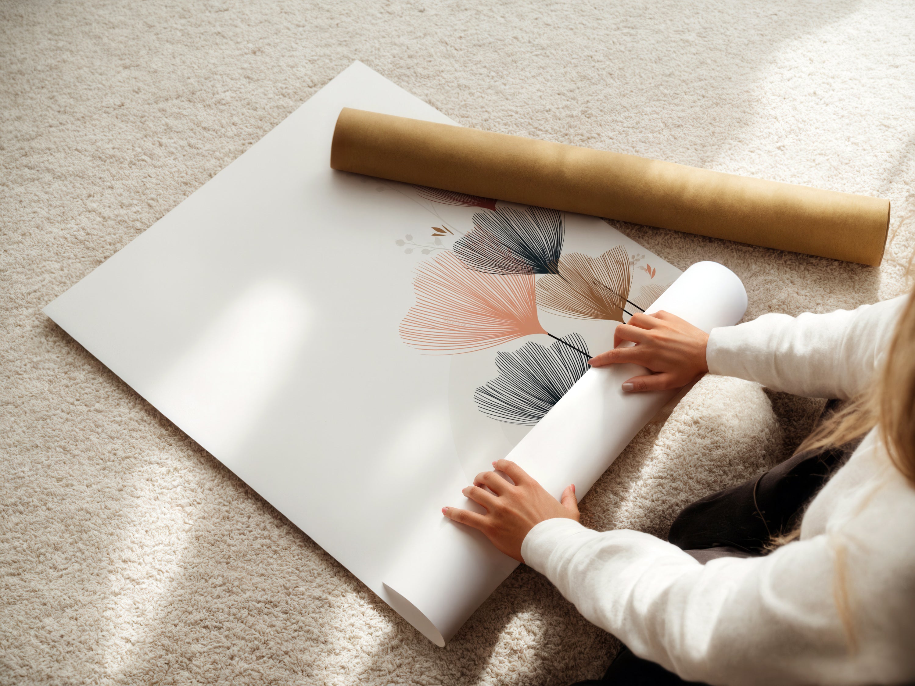A woman is carefully rolling a fine art poster paper. The paper showcases a beautiful floral line art print. This abstract botanical artwork is perfect for modern homes. The delicate flower canvas adds a touch of elegance to any space. Discover minimalist art.