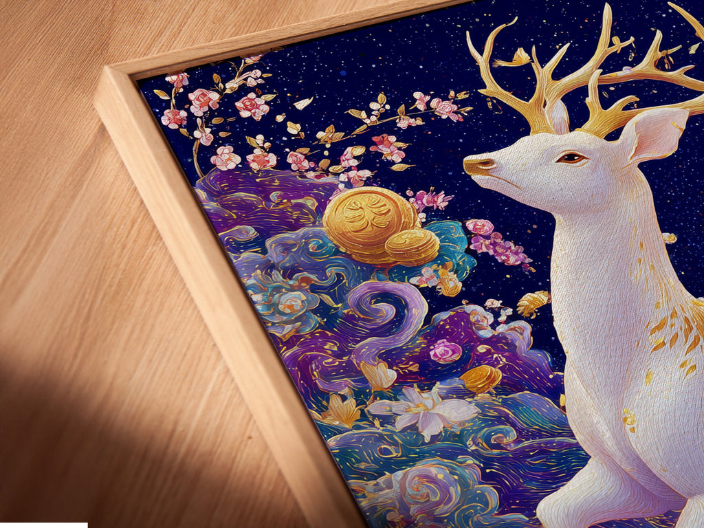A close-up view shows a canvas print in a floating frame. The white deer art is surrounded by a mystical forest and purple lotus flowers. Its contemporary style enhances any room's aesthetic appeal